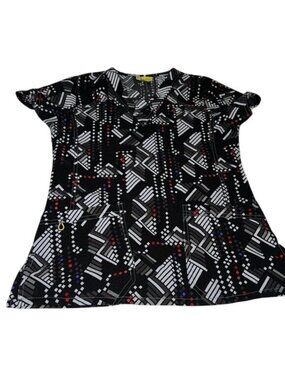 WonderWink Womens XS Geometric Print Scrub Top Black & White